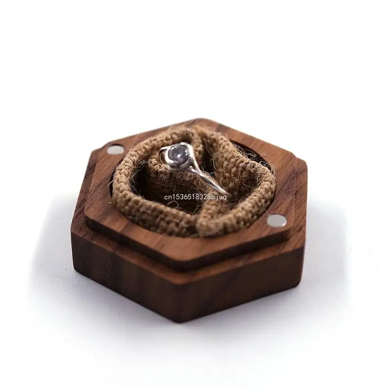 Hexagon Shaped Walnut Solid Ring Box Linen Soft Interior Holder Dropship