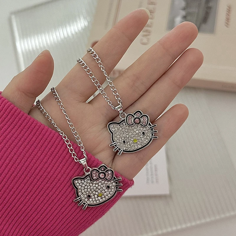 Y2k Hello Kitty Sanrio collar con cadena, aleación de cristales plateados, encanto femenino, diamantes de imitación, colgante gótico, joyería, regalo del Día de San Valentín