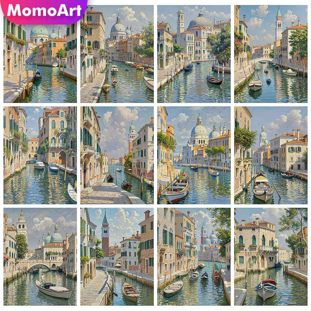 Momoart Vollquadratisches und rundes Diamant-Gemälde, Venedig-Landschaftsbild, Strass-Stickerei, Haus-DIY-Mosaik, Boot-Dekoration für Zuhause