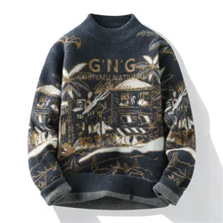 Men's thicken Fashion print Sweater 2024 Winter korea style fashion men wool fashion Warm Sweaters Men wool pullovers male