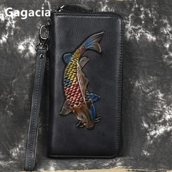 GAGACIA New Wristband Zipper Cell Phone Bag Women Wallet Vintage Genuine Leather Wallet For Female Golden Fish Engraved Clutches