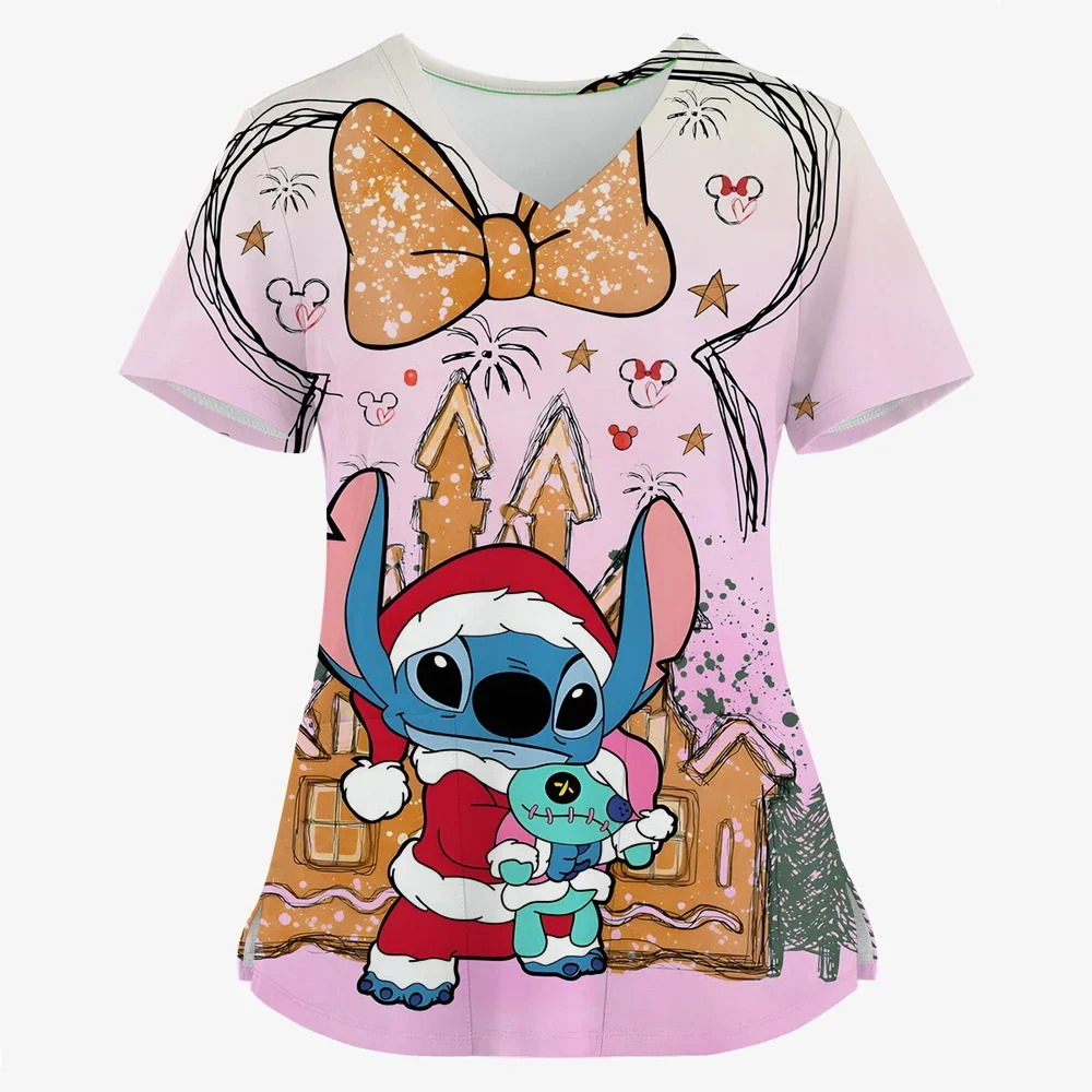 

Disney Stitch print Nurse Scrubs Tops Christmas Unisex Medical Uniform Cartoon Nurse Scrubs T-shirts Dentist Beauty Spa Workwear