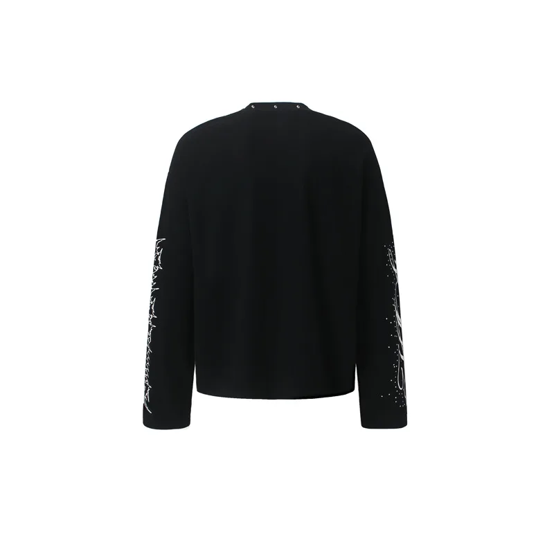 Men's High Street Graffiti T Shirt With Rivets Fashion Streetwear Printed Long Sleeve Tees Vintage Retro Loose Fit Hip Hop Tops