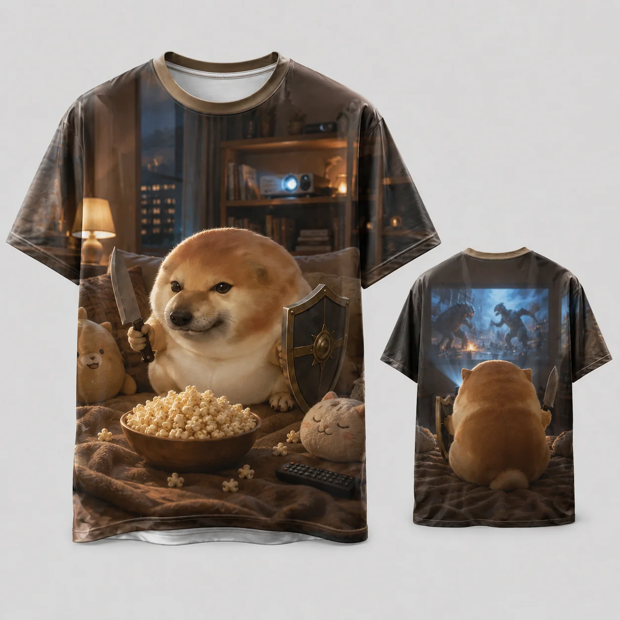 What the dog doing Funny Doge Rainy Night T Shirt Cute Shiba Inu Umbrella Knife Shield City Street 3D Print Quick Dry Top