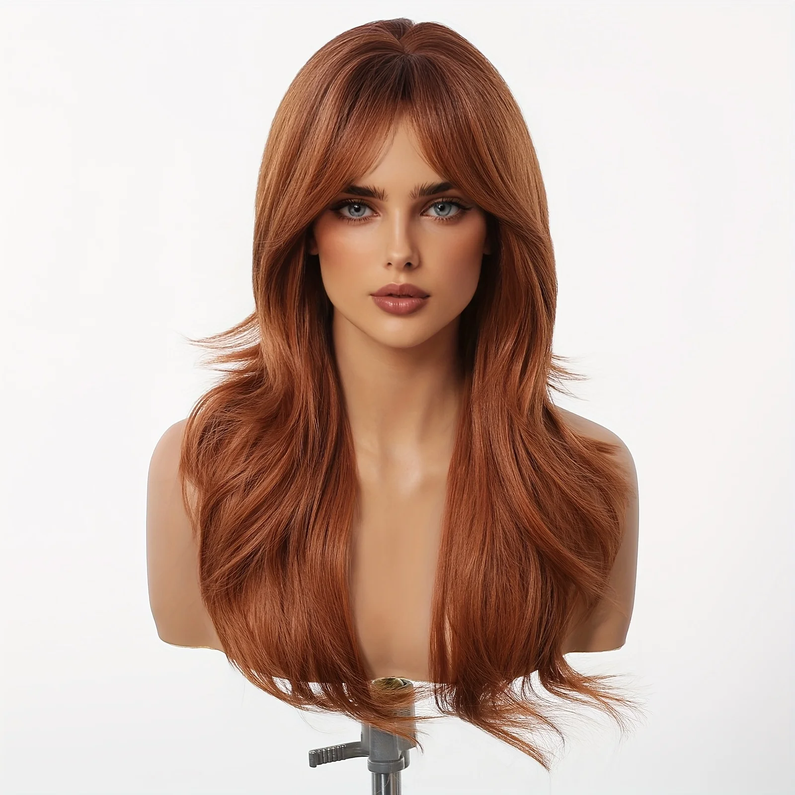 Black Friday 22-inch long curly orange-brown wig with bangs, women's synthetic wig, suitable for daily use
