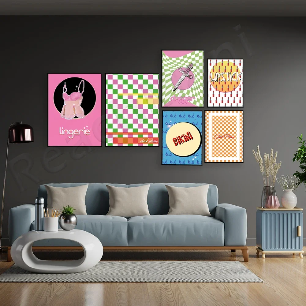 Checkered pattern, cherry, dagger, red tempting sweet lips, pink lingerie, blue pill pixel, hipster aesthetic psychedelic poster