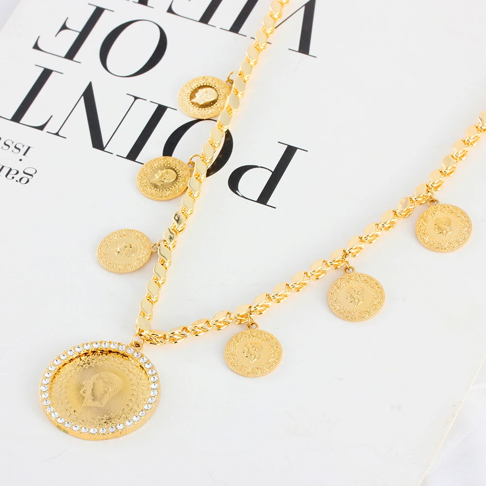 Dubai Gold Coin Pendant Cuban Chain Necklace Muslim Jewelry Middle East African Bride Wedding 60cm Long Necklaces