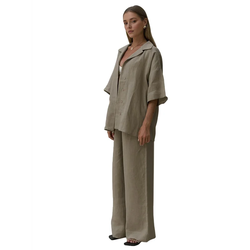 A09P Conjunto de 2 piezas para mujer, color sólido, manga larga, pantalones de lino, traje, camisa, chándal de pierna ancha, pantalones rectos informales