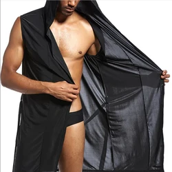 Men Hooded Bathrobe Mesh Silk See Through Sleeveless Towel Long Bath Robe Hoodies Nightgowns Sleepwear Loose Casual Sleep Tops