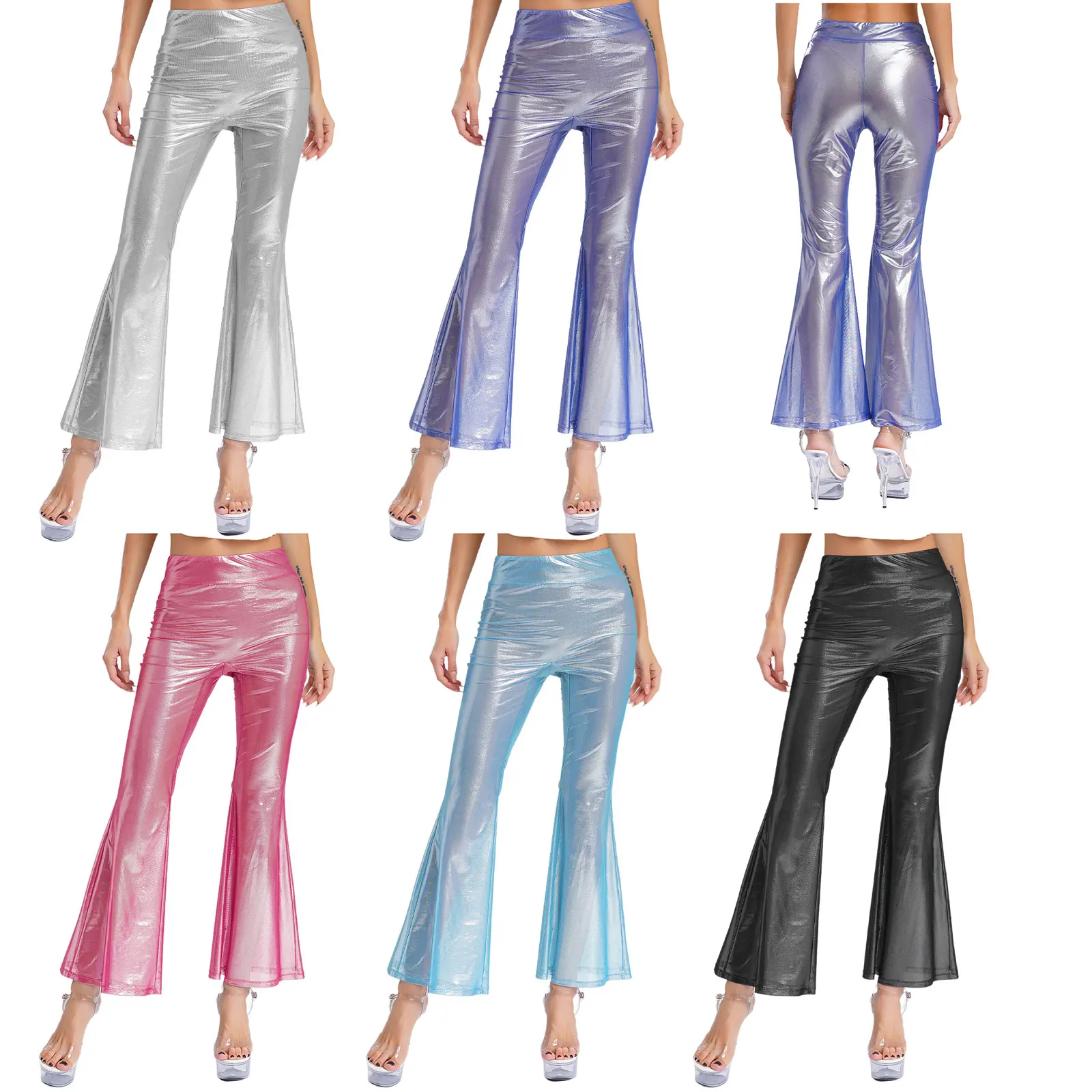 

Women See Through Pants High Waist Flared Pants Shiny Metallic Bell Pants Rave Outfit Bar Nightclub Wear Trousers