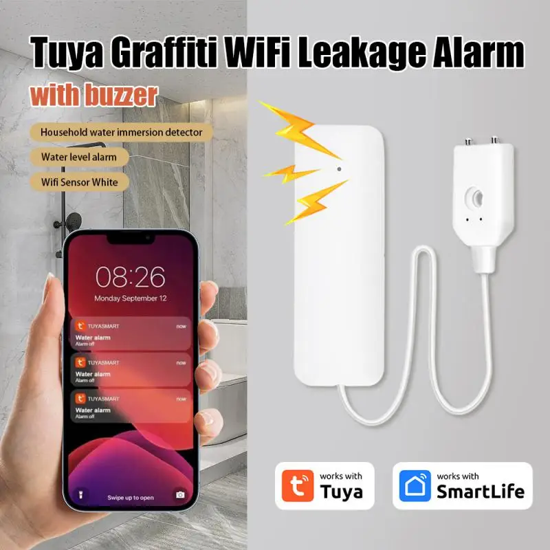 

WiFi Tuya Water Leakage Alarm Smart Home Security Alarm System APP Remote Monitoring Leak Detector Sensor Flood Overflow Alert