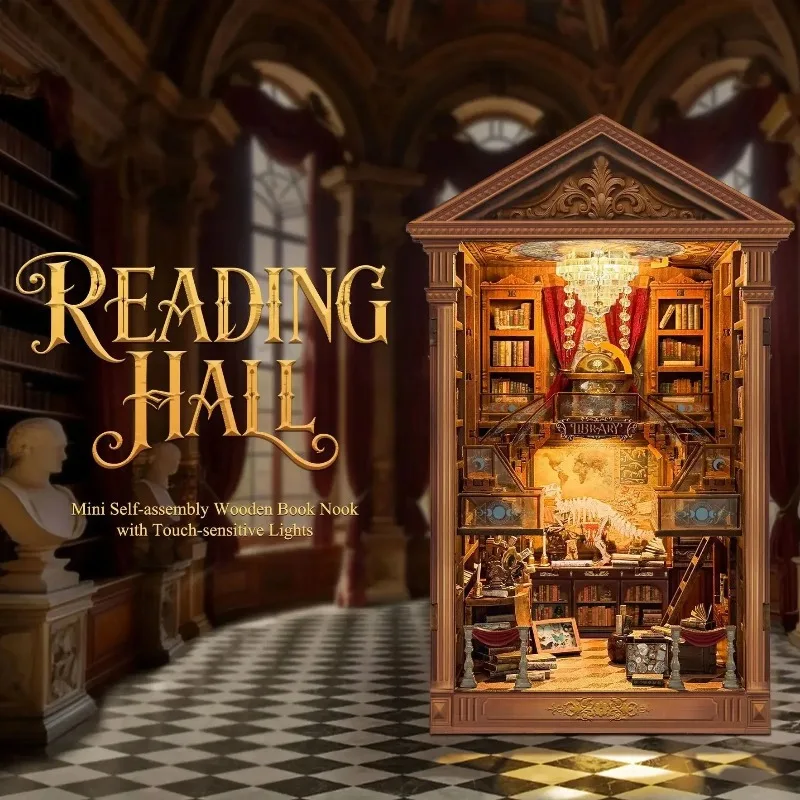 DIY Book Nook Shelf Insert Kit Reading Hall Bookend Miniature Dollhouse 3D Puzzle Assembly Model for Adults Birthday Gifts Toys