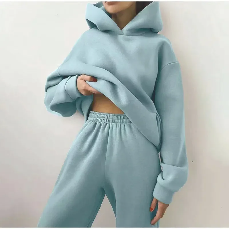 Y2k Women Tracksuit Hoodies Casual Long Sleeve Fleece Warm Hooded Sportswear Suit Hoody Pullovers Long Pant Two Pieces Sets