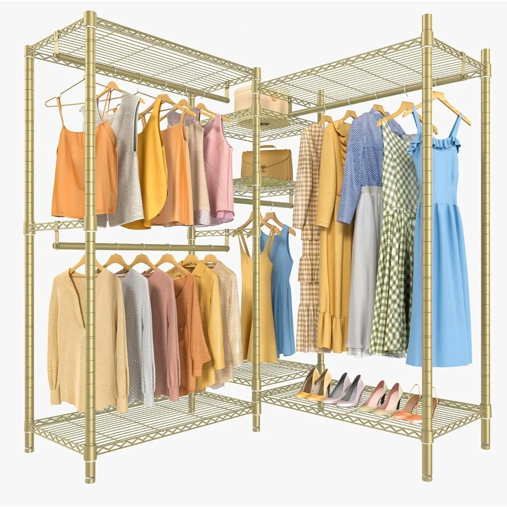 

Shaped Clothes Rack Heavy Duty Clothing Rack for Corner, 5-Tier Wire Garment Racks Metal Freestanding Closet with Adjustable