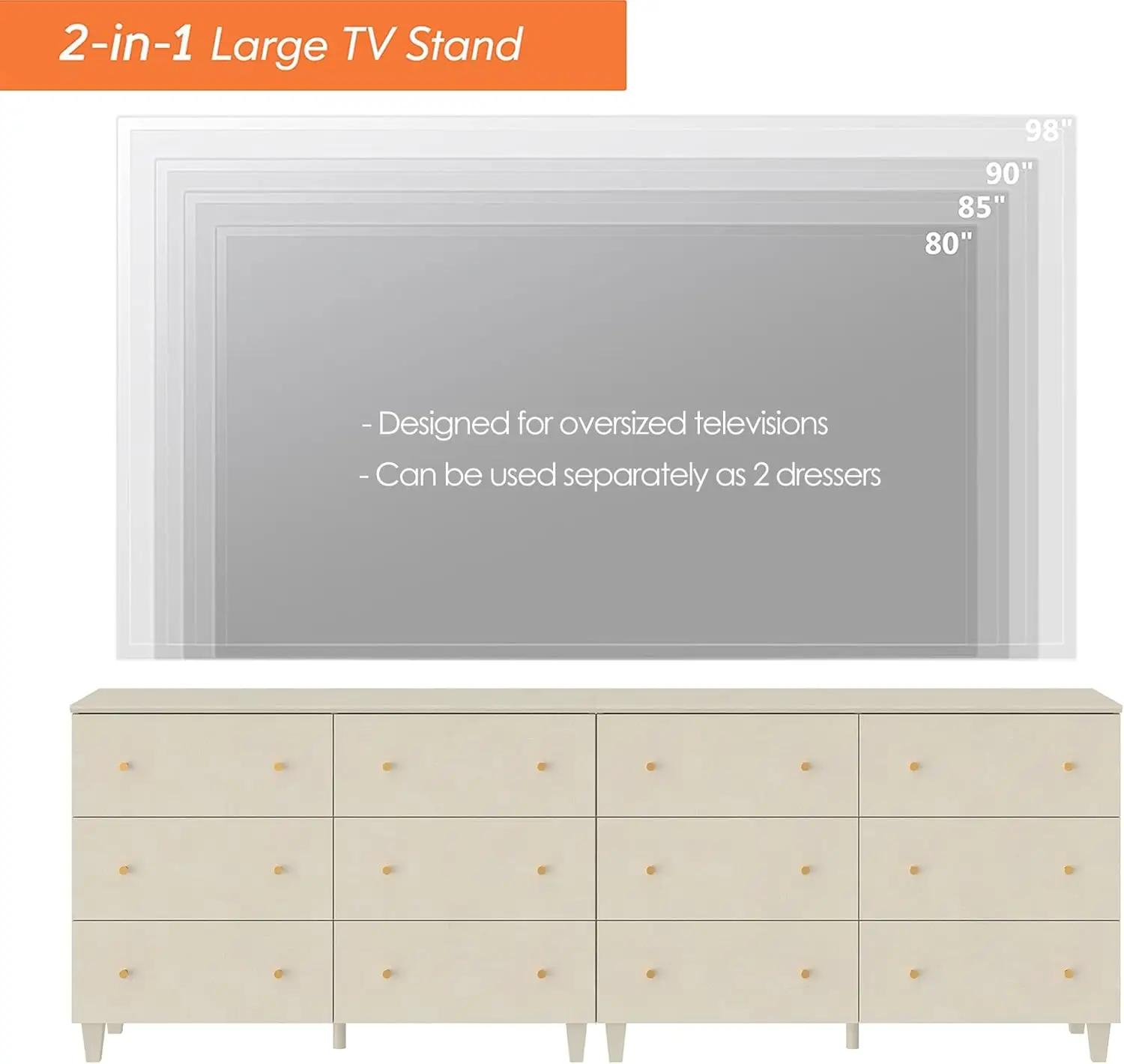 2-in-1 TV Stand with 12 Drawers for 100+ Inches TVs & 1 Tall End Table with Drawer and Door for Bedroom, 3 Pieces Modern Wood Li