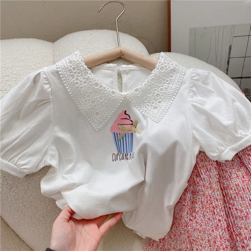 Summer Girls\' Clothing Sets Korean Style Cute Hollow Lace Lapel Top +Floral Skirt Fashion Baby Kids Outfit Children Clothes Suit