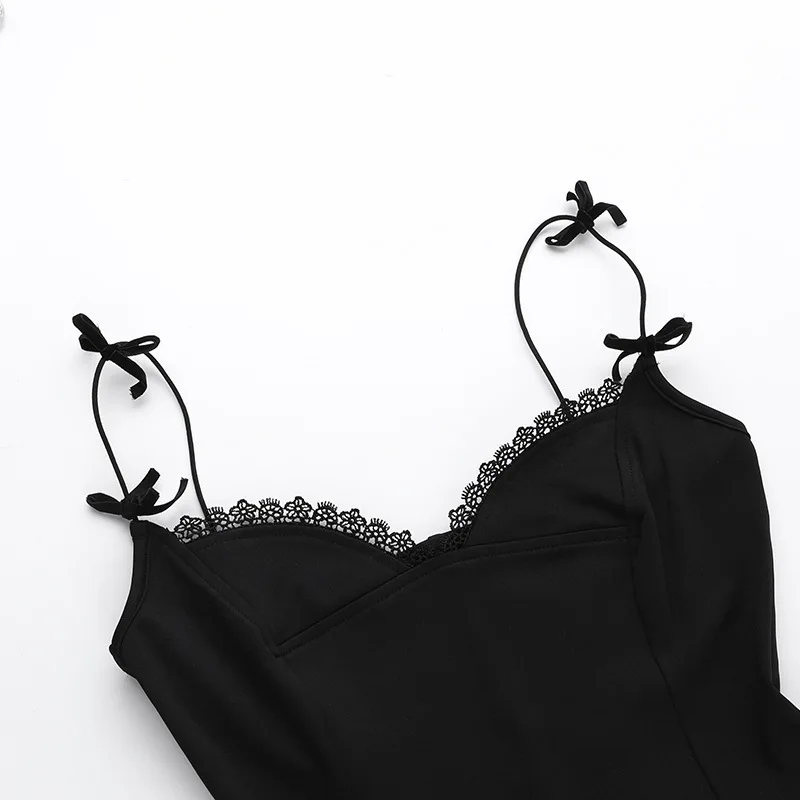 Sexy Sweet A-Line Mini Dress for Women Summer Slim Fit Black Spaghetti Strap Lace Trim Sleeveless Cami Dress