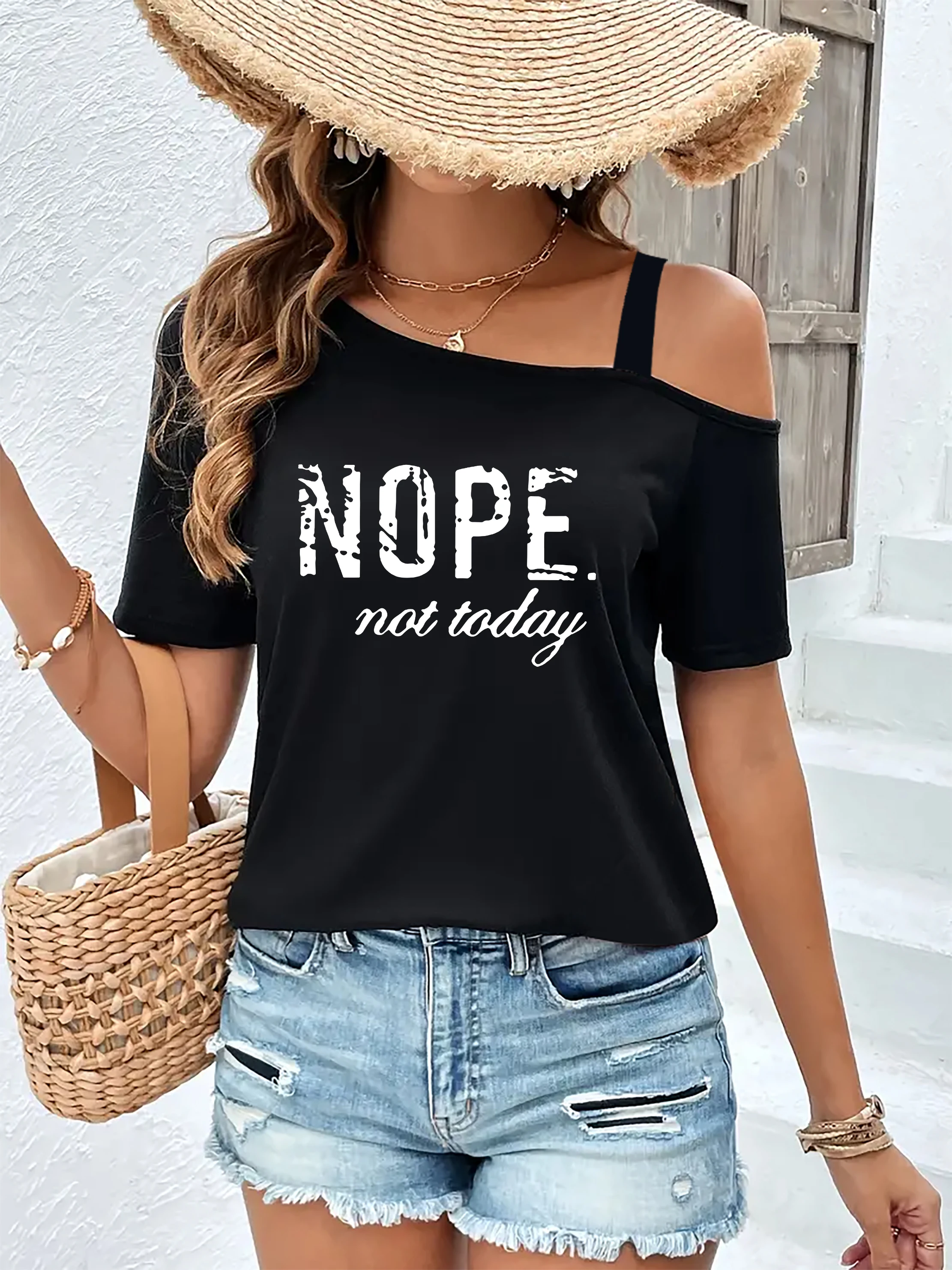 Alphabets Print One Shoulder Skew Neck T-Shirt ,Elegant Short Sleeve Casual Tee with Medium Stretch Fabric, Pullover Regular Fit