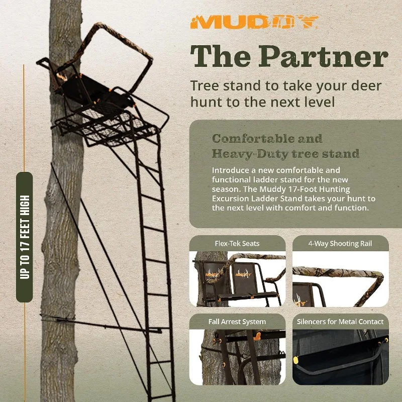 Muddy 2-Person Ladder Tree Stand for Deer Hunting,17' Tall, Black | The Partner - Adjustable Climbing Treestand with Platform