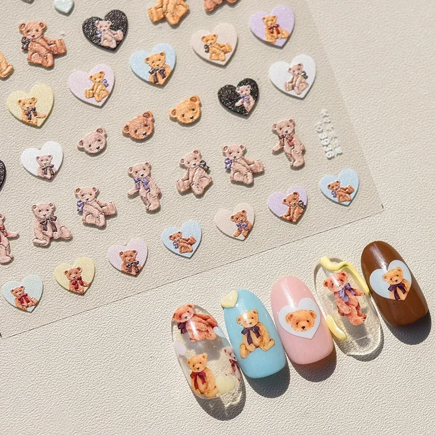 Cute Bear Love Heart Cream Cake Bread Flower Bowknot Cartoon Bunny Halloween Y2K Embossed Relief Nail Art Sticker Manicure Decal