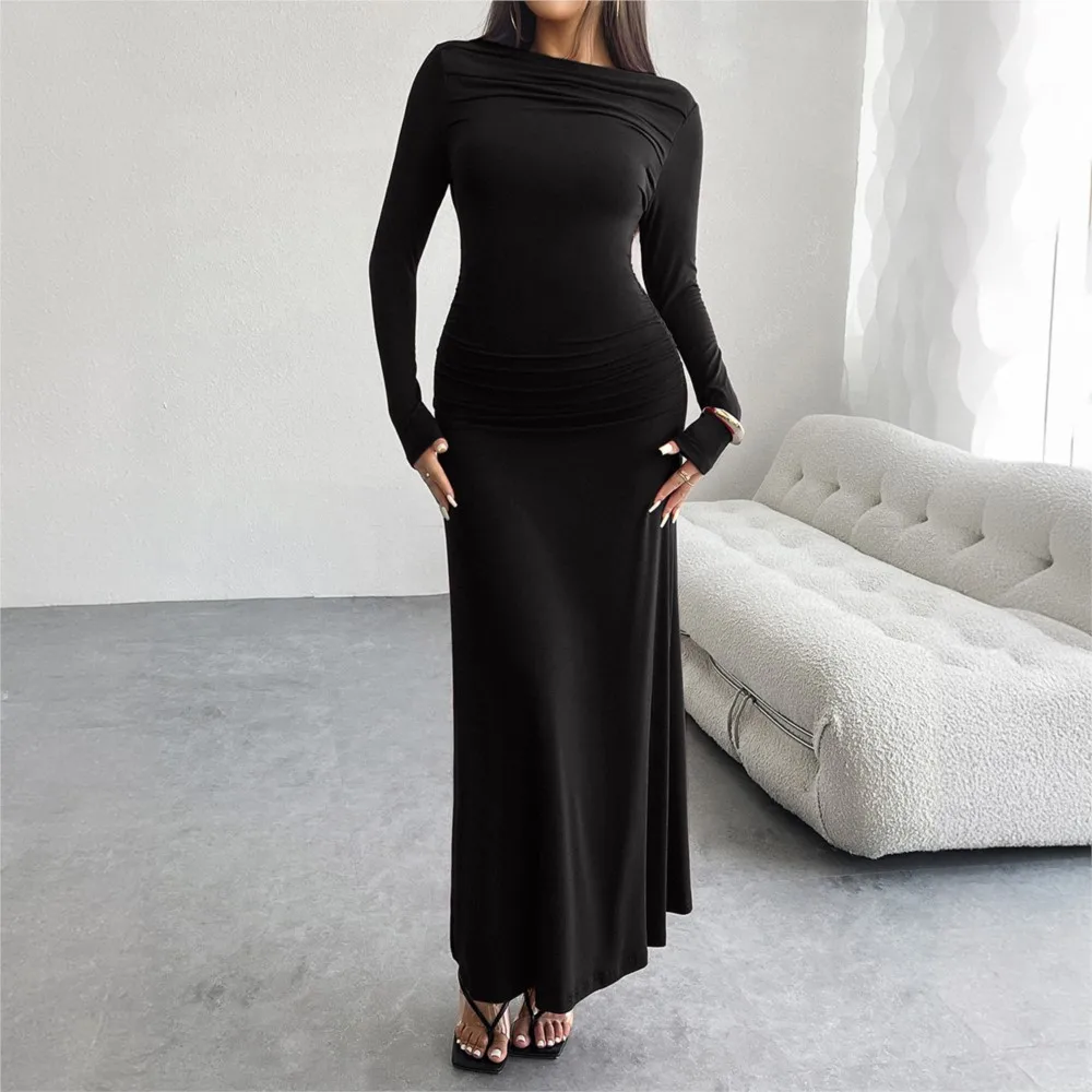 Sexy Hip Hugging One Neck Dress for Women Temperament Elegant Slim Fit Solid Color Silk Ankle Long Skirt Vestido De Mulher