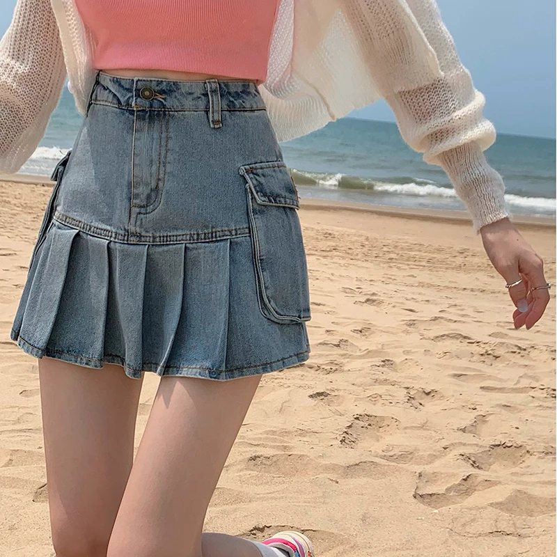 Female Slim Sexy Anti-walking Light A-word Short Denim Skirts New High Waist Women's Pleated Skirt with Pockets Blue Summer 