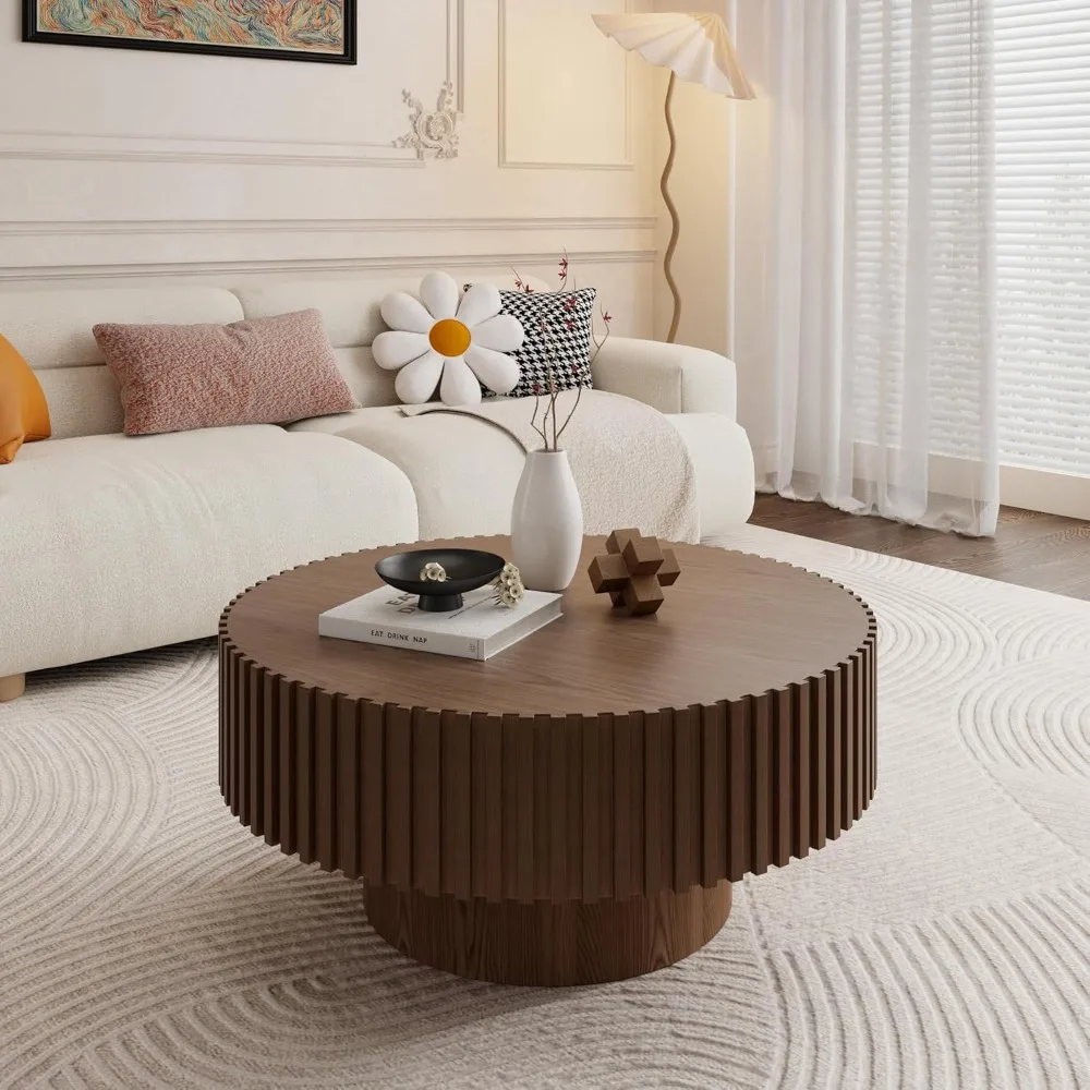 31.49" Walnut Round Coffee Table Wood, Modern Fluted Coffee Table for Living Room, Contemporary Low Circle Center Table Side Tab