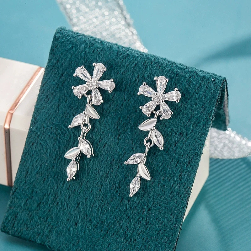 New Five-Petal Flower Fringe Leaf Earrings Sparkling Zircon Jewelry Elegant and Versatile Unique Earring For Women KOFSAC