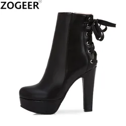 Fashion Ankle Boots Women Platform High Heels Short Boot Lace-up Black White Yellow Party Winter Shoes Lady Large Size 50 45