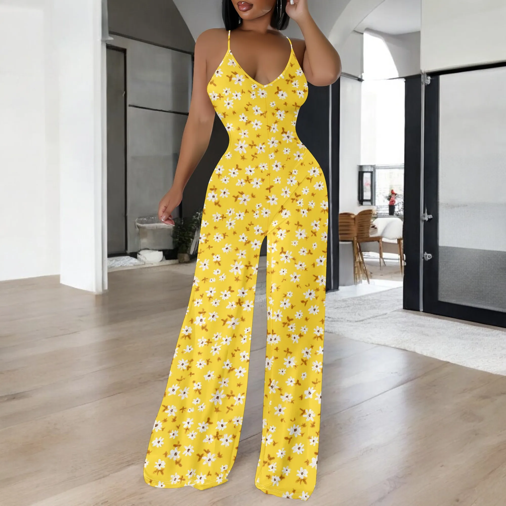 

Casual Loose Sleeveless Bohemian Beach Jumpsuits Spaghetti Strap Wide Leg Rompers with Pockets