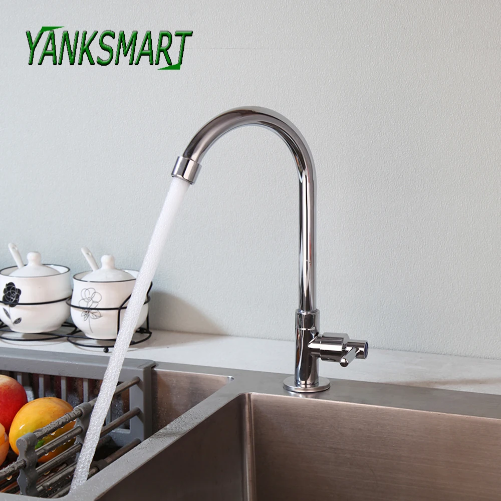 YANKSMART Chrome Polished Kitchen Faucet Basin Sink Deck Mounted Single Handle Swivel Faucets Single Cold Water Tap