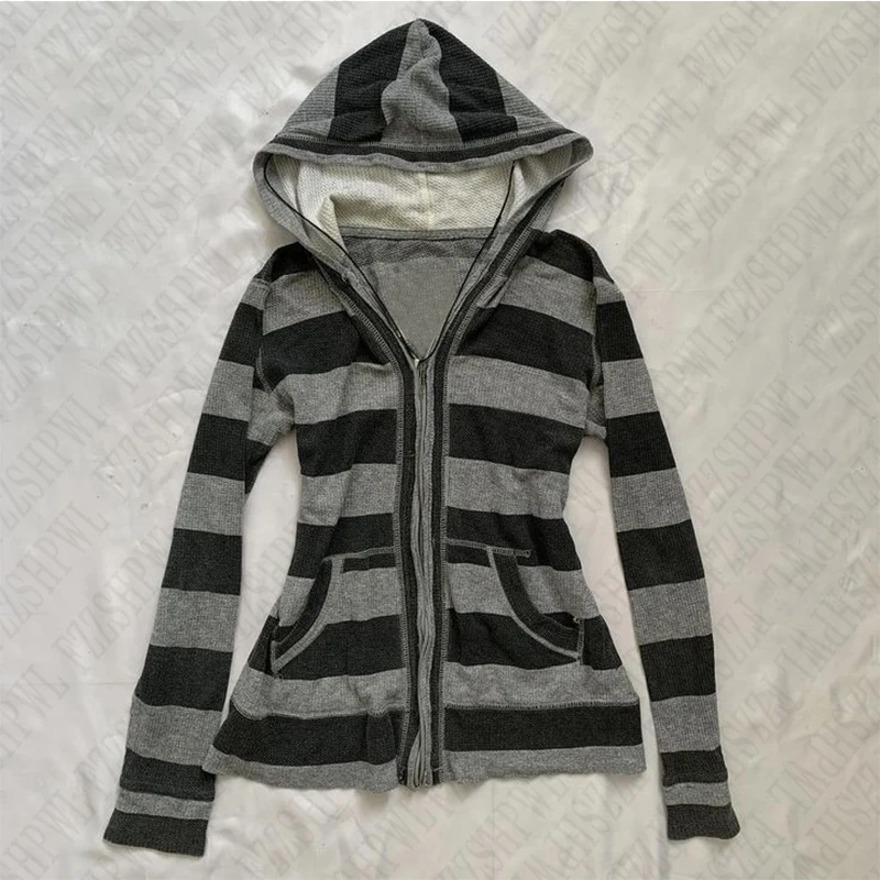 Striped retro pattern cardigan Hoodie silm grunge punk Y2K top high street rock aesthetic casual Harajuku commuter womens Hoodie