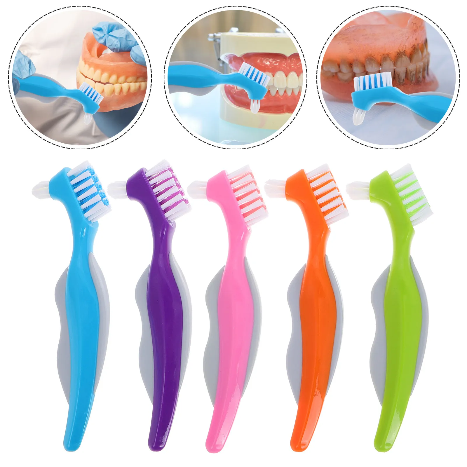5Pcs Dual Head Denture Toothbrush Soft Hard Bristles Compact Travel Cleaning Brush False Teeth Remover for Senior Oral Hygiene