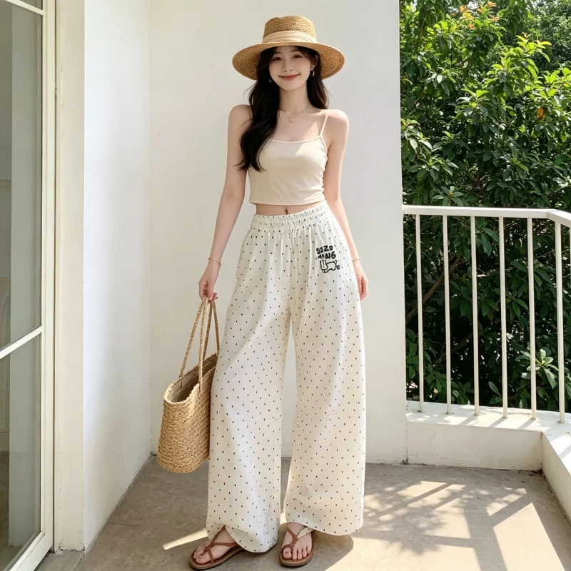 Print Polka Dot Loose Pants Women Elastic High Waist Wide Leg Trousers Summer Soft Home Pajama Bottoms Daily Vacation Loungewear