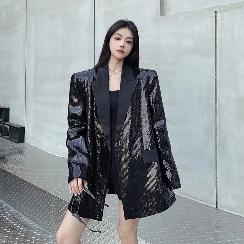 Autumn Winter Women's Sparkly Sequin Blazer Fashion Loose Long Sleeve Jacket Ladies Glitter Cardigan Coat For Party Club Outwear