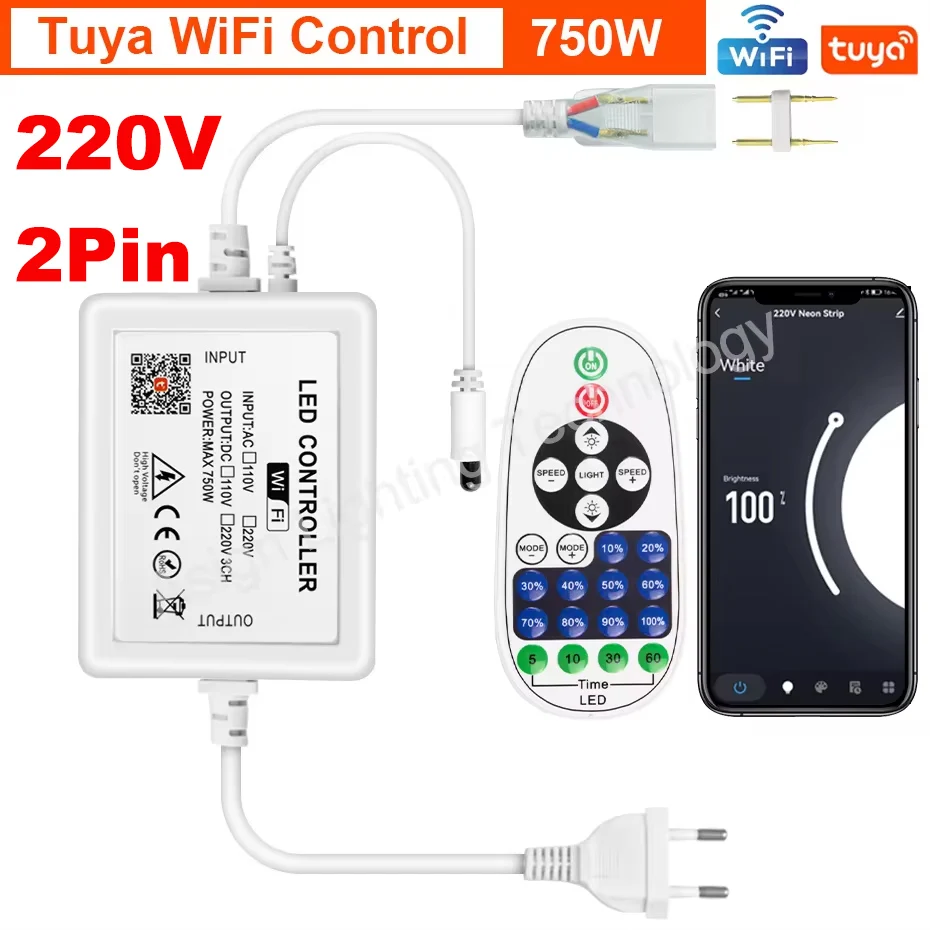 2Pin 220V LED Strip Light Controller for Single Color LED Neon Strip IR Remote/Bluetooth/Tuya Smart WiFi Controller 750W 1500W