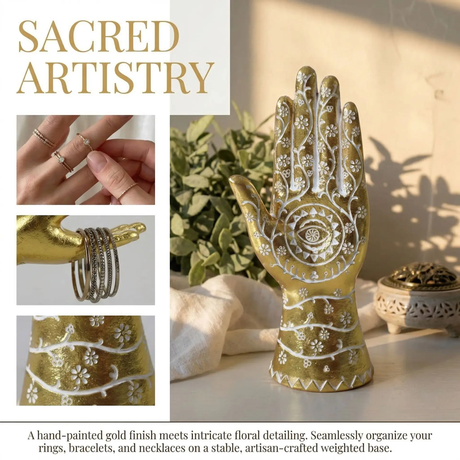 Hamsa Hand Stand Devil's Eye of Fatima Jewelry Display Holde Resin Mannequin Designed Necklaces Bracelets Rings Holder Gold