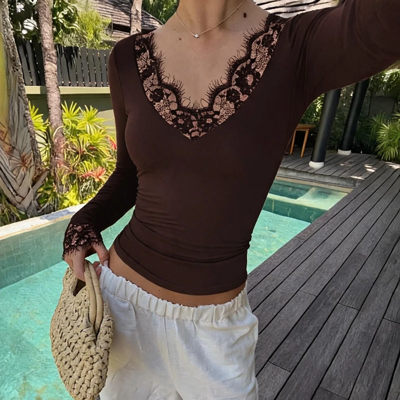 Hugcitar Fashion V-Ausschnitt, einfarbig, langärmelig, mit Spitze, sexy Crop-T-Shirt, Top, passend für Herbst, Damenbekleidung, Party, Nachtclub, T-Shirts – Detail 19