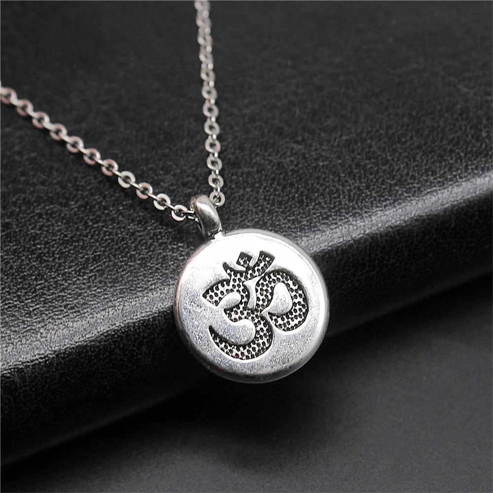 Simple Classic Fashion 19x15mm Antique Silver Color Double-Sided Om Symbol Pendant Women Short Chain Necklaces Choker Necklace
