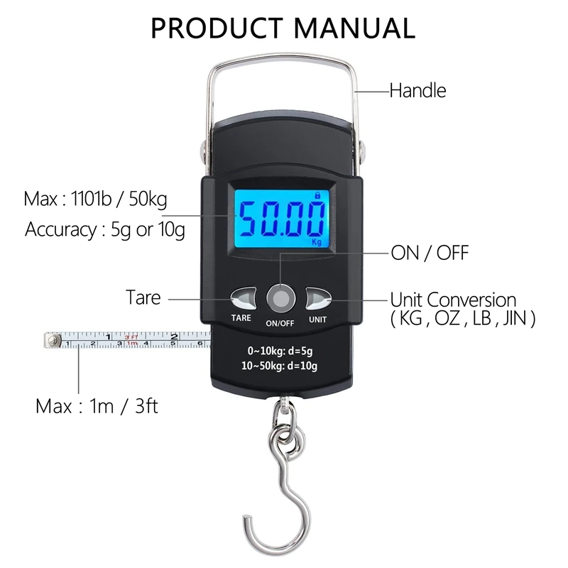 Báscula electrónica Digital para equipaje, balanza de bolsillo de 50Kg X 0,01Kg, 10G, portátil, gancho de cocina, peso pesado