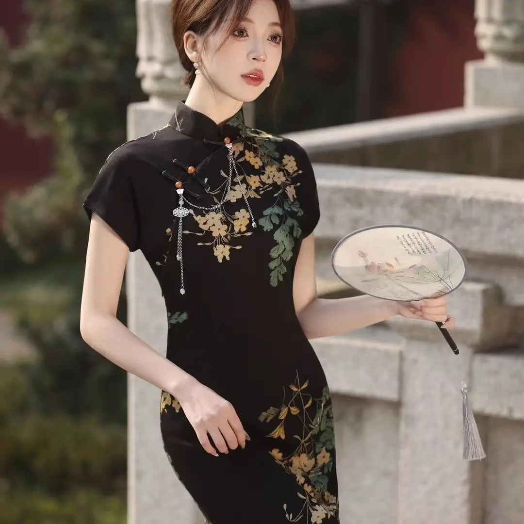 Large Size Chinese Dress Women Sexy Mini Qipao Retro Classic Short Sleeve Black Print Cheongsam Elegant Mandarin Collar Vestidos