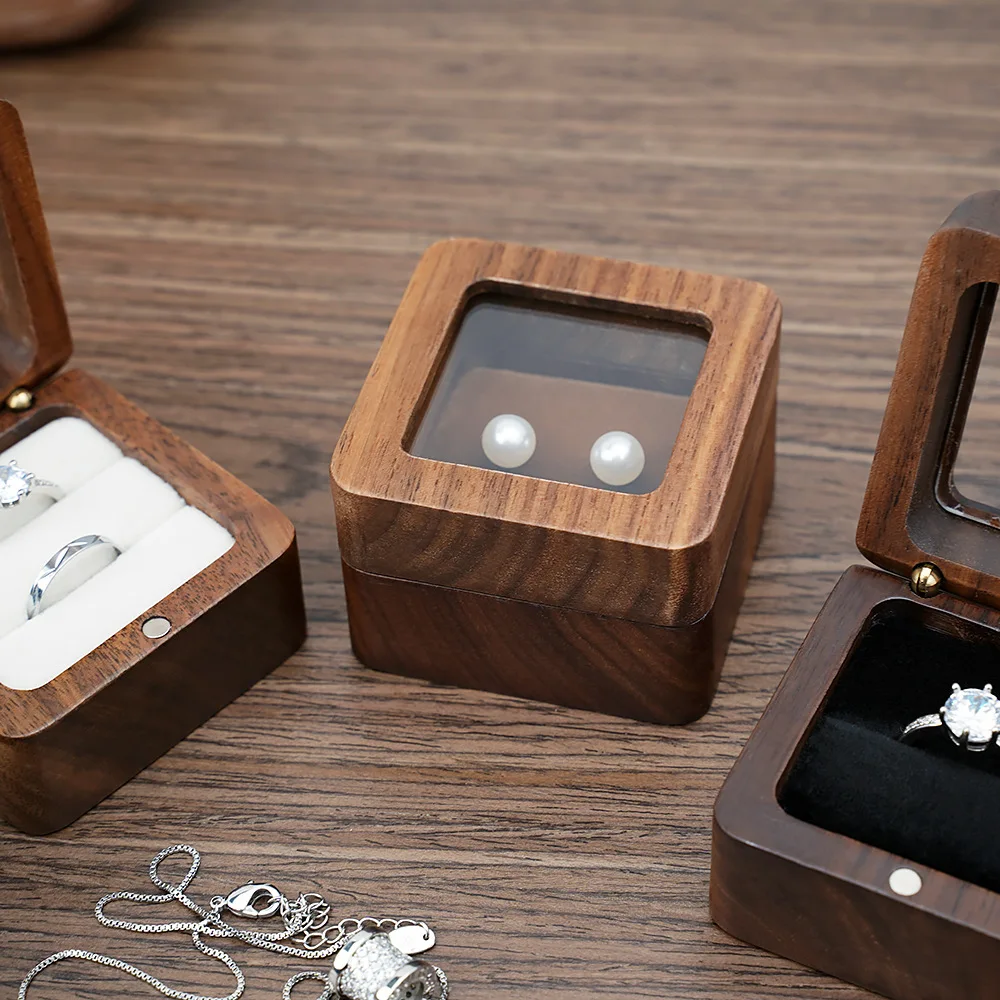 Black Walnut Solid Ring Box Single Double Ring Box Earrings Box Cufflinks Box Vintage Wooden Ring Box Exquisite Gift Box