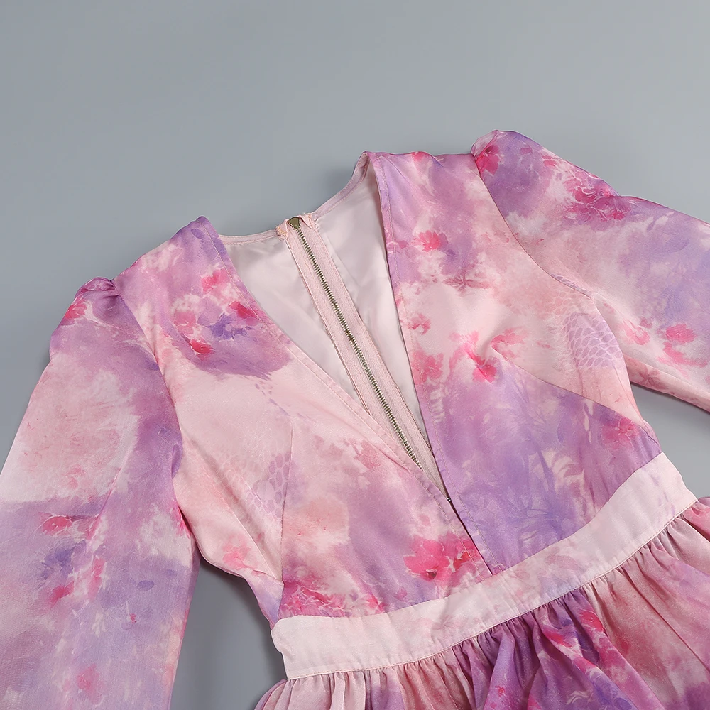 Mini vestido de chiffon floral rosa PB – vestido de festa de verão com decote em V profundo e babados em camadas de manga comprida Boho Holiday Outfit Vestidos