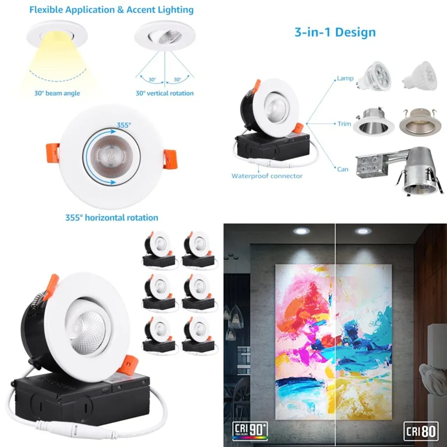 

3 Inch Gimbal LED Recessed Light with Junction Box, CRI 90+ Dimmable Swivel Adjustable Eyeball Downlight, 7W 50W Eqv.,Canless L