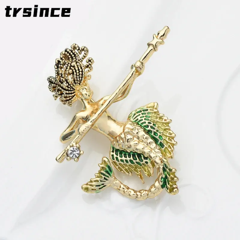 Classic Vintage Mermaid Rhinestone Enamel Brooches for Women Exquisite Creative Casual Corsage Suit Office Badges Jewelry