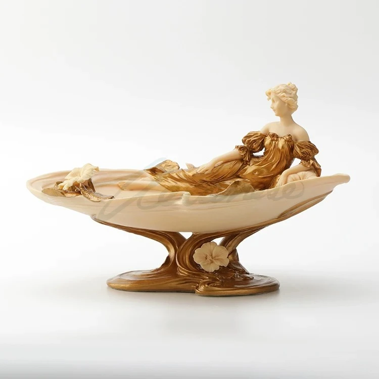 Vintage Gilded Resin Goddess Tray Lying Lady Sculpture Floral Leaf Shaped Storage Dish For Jewelry Keys Sundries Tabletop Decor