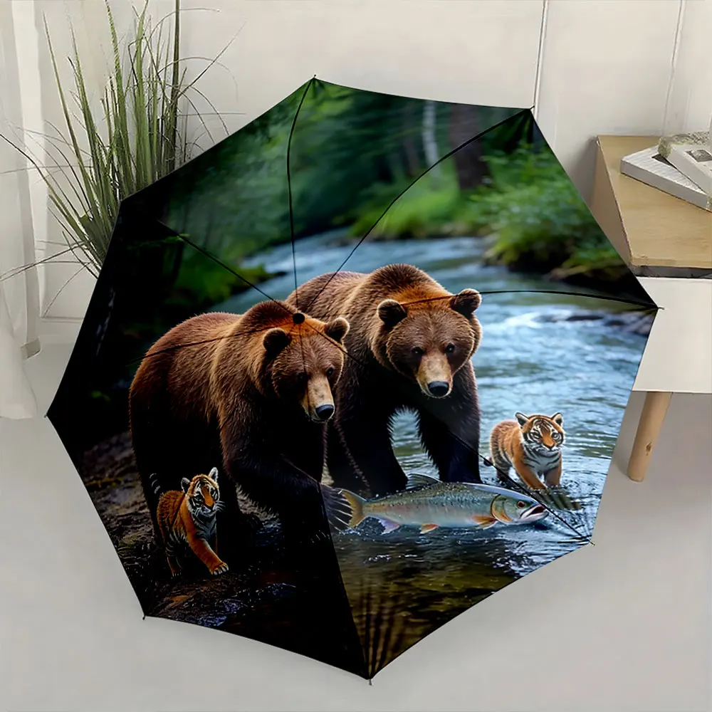 1PC Forest Bears and Tigers Design Umbrella Print 8 Iron Ribs Folding Umbrella Auto-Open Fashion Sunshade