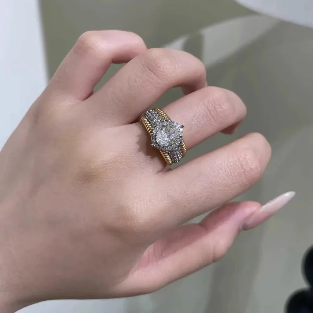 TEMGF 1.5CT Oval Cut Zircon Ring for Women 925 Sterling Silver Plated 18K Gold Wedding Band Luxury Fine Jewelry Fashion Item