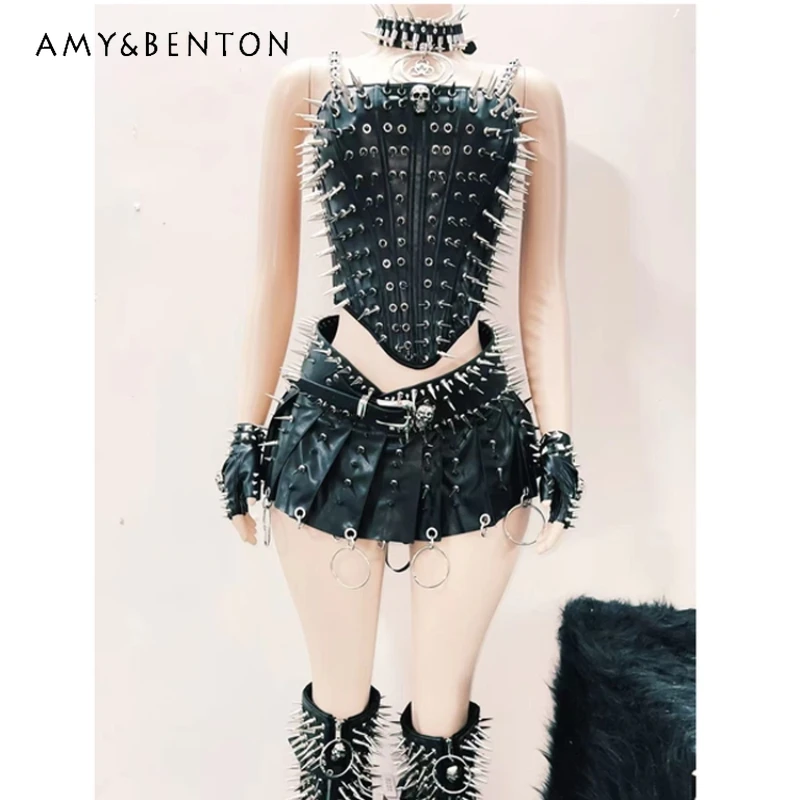 

Punk Heavy Industry Women's Vest Fashion Personality Metal Leg Cover Hip Hop Decorative Necklace Original Black Skirt Suit Girl