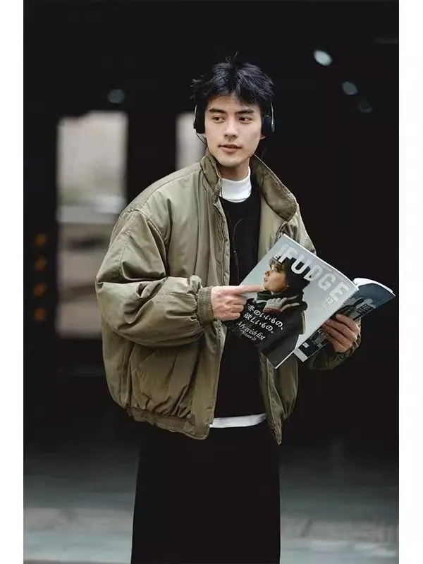 

Мужская куртка в стиле ретро-японский пилот, свободного кроя, однотонная, с отложным воротником, на молнии, для повседневной носки и работы